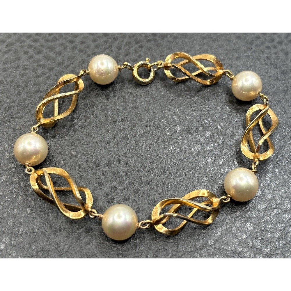 Vintage Large Faux Pearl Spiral Link Bracelet Gold Tone 8"